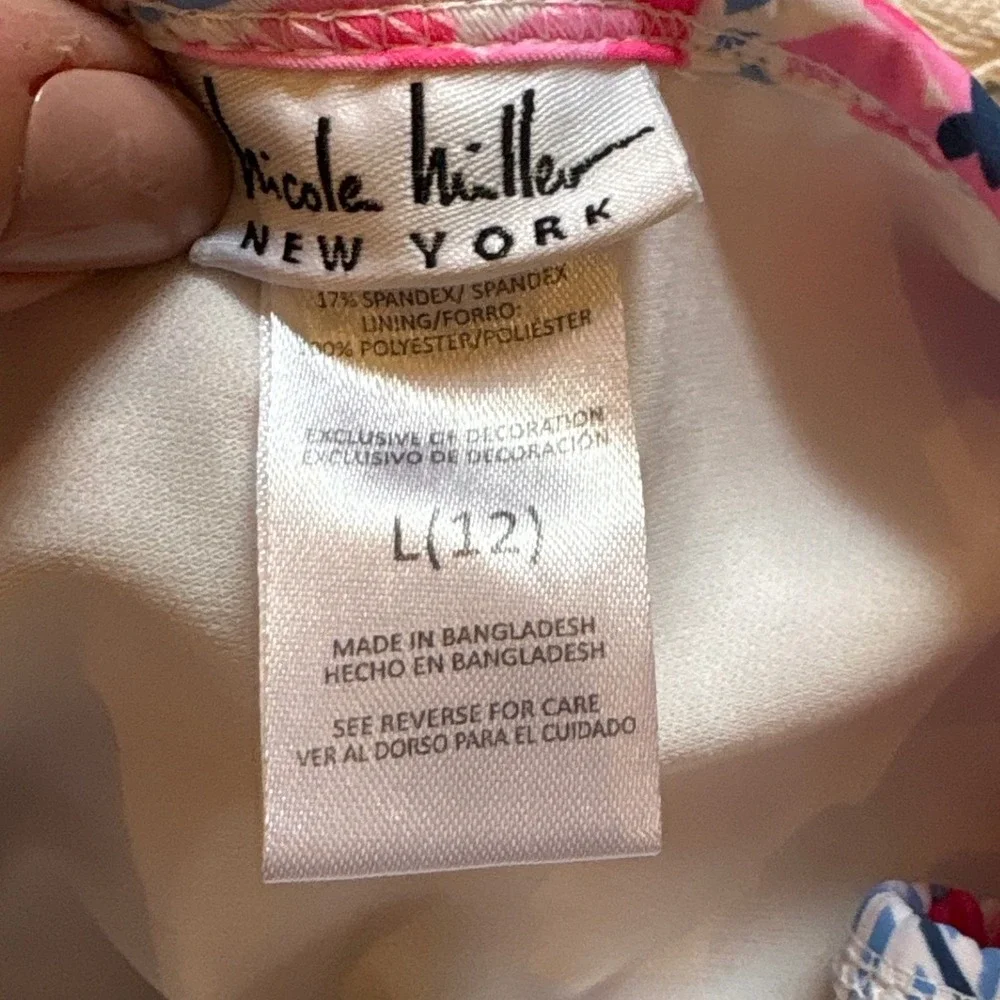 Nicole Miller Swimsuit Kids Blue Pink Floral Pom Pom Striped One Piece SIZE 12‎ - Picture 5 of 6
